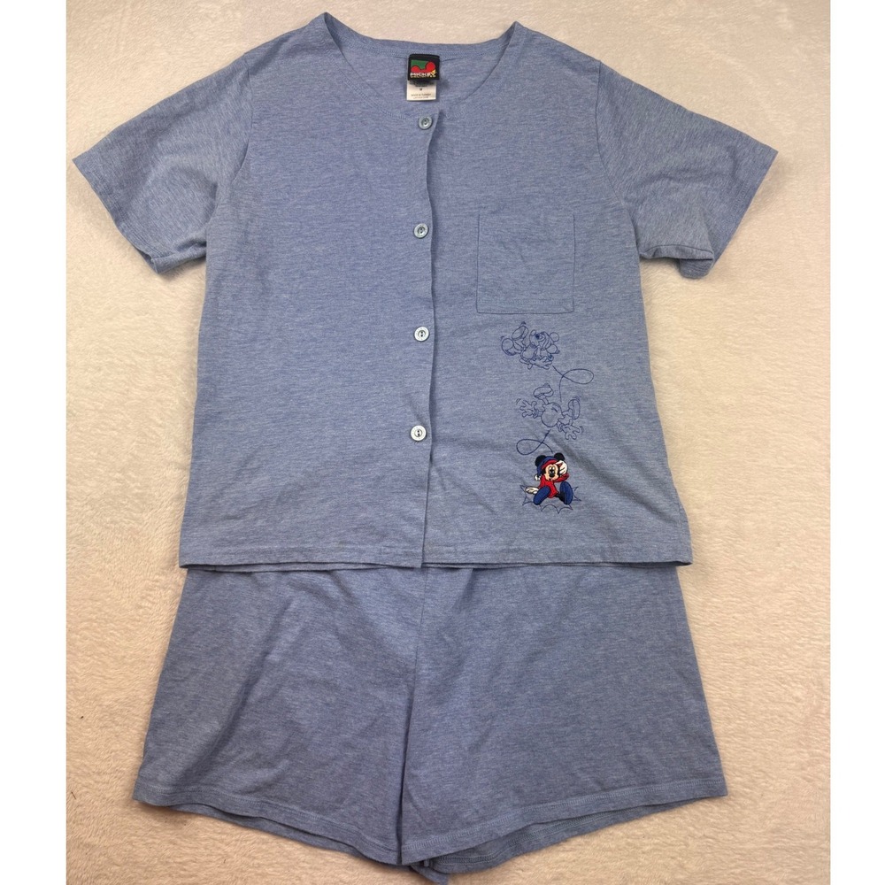 Vintage Mickey Unlimited Disney Pajama Set Rare Blue Short Sleeve Shorts M